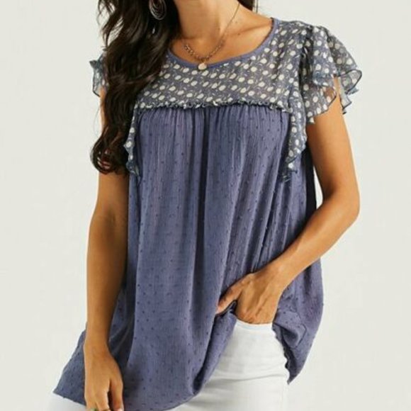 Suzanne Betro Weekend Womens Navy Floral Ruffle Sleeve Round Neck Blouse Size XL - Picture 1 of 11